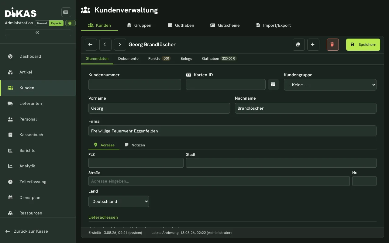 Kundendetail in dikas Faktura mit Firma und Rechnungsadresse