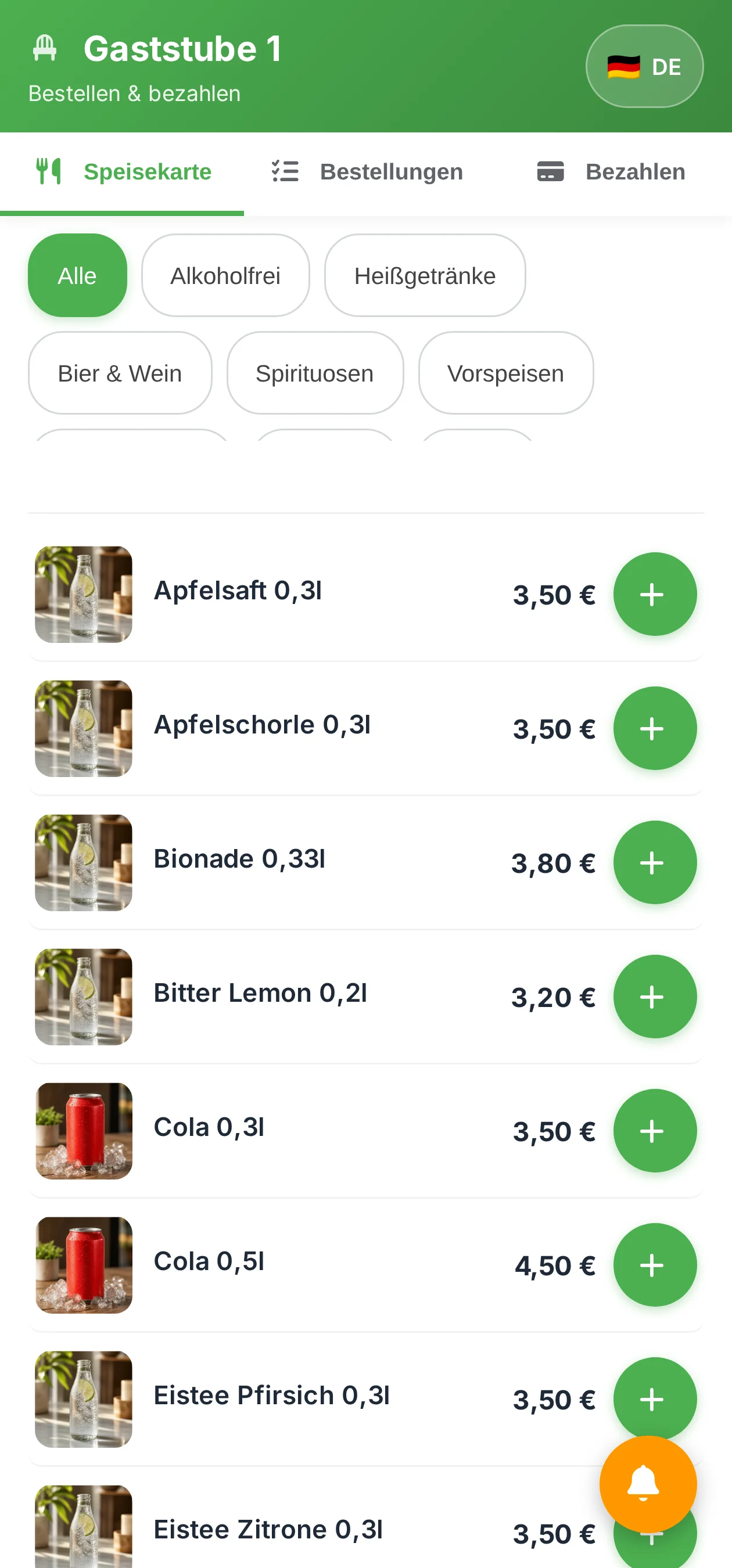 QR-Tischbestellung auf dem Handy: Kopf mit „Gaststube 1“, Reiter für Speisekarte, Bestellungen und Bezahlen, darunter die Karte mit Bildern und Preisen