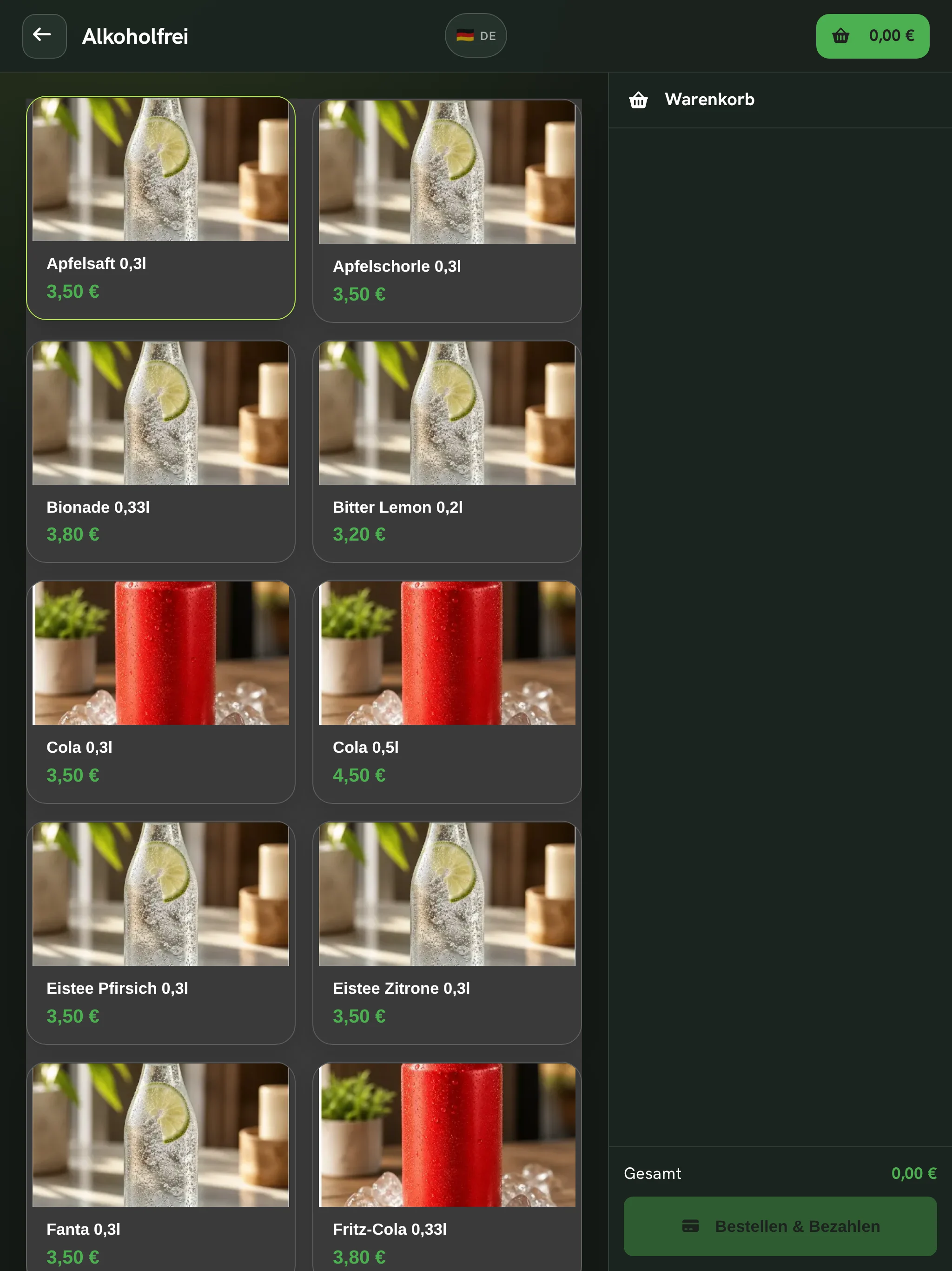 Self-Service-Automat auf dem Tablet: große Artikelkacheln mit Bild und Preis, oben die Kategorie und der Warenkorb